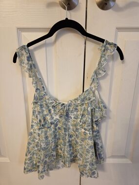 Wild fFable Blue and Yellow Floral Ruffle Tank Top Size Medium